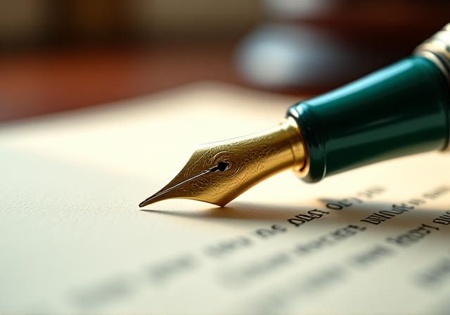 Close up of a professional focal point showing a fountain pen on a legal document with gold accents