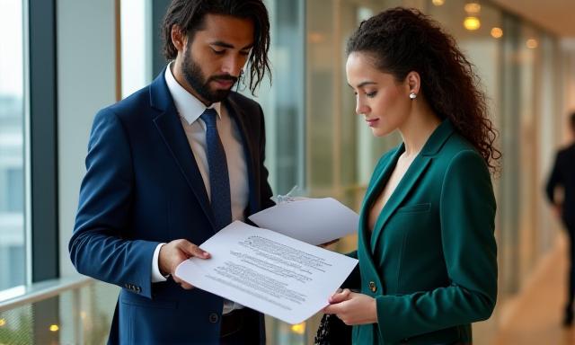 Two professionals discussing a contract in a high-end London office